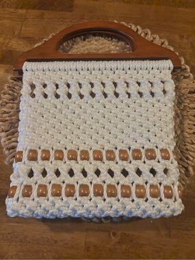 Cream Macramé Shoulder Bag with Wooden Handles